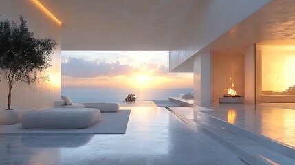 Wall Mural - Modern minimalist living room with ocean view and sunset. Interior design, home decor, luxury, contemporary, architecture