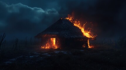 A dramatic scene depicting a burning hut at night, illuminated by flickering flames that cast eerie shadows against the dark sky. The vibrant orange and yellow hues of the fire contrast starkly 