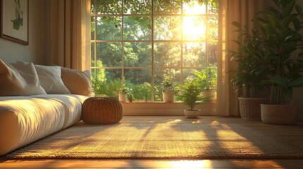 Sticker - Sunlight streaming through window in living room with couch, plants and rug. Minimalist home decor concept