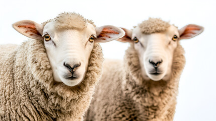 Close up view of sheep featured in a studio setting with a white background ideal for incorporating a copy space image