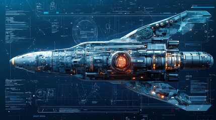 Wall Mural - mechanical blueprint images of a futuristic spaceship with advanced engines and navigation systems