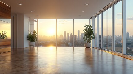 Canvas Print - Modern office interior with panoramic city view and sunrise through large windows.