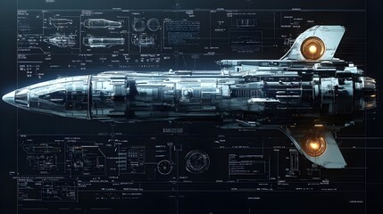 Wall Mural - pictures of a detailed mechanical blueprint showcasing a futuristic spaceship’s engines and navigati