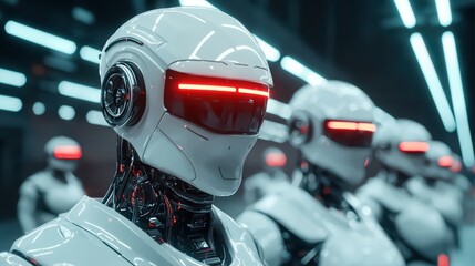 Futuristic robots with red lights in a high-tech environment.