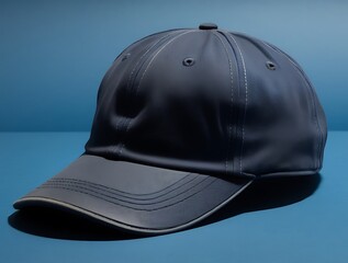 A baseball cap made of blue denim material isolated on a blue background (21)