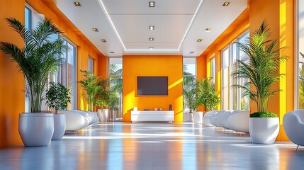 Canvas Print - Modern orange and white lobby interior with plants and large windows. Contemporary design concept