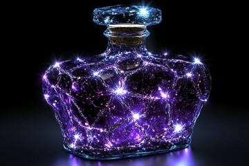 Poster - Futuristic glass bottle illuminated with electric purple light and cosmic patterns symbolizing innovation and high tech design elements