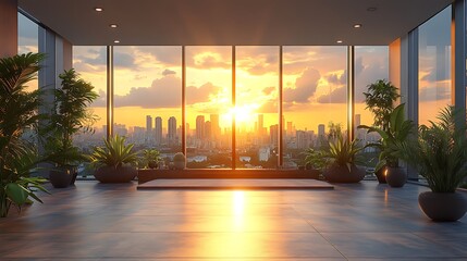 Wall Mural - Minimalist zen room with large windows overlooking city sunset, contemporary interior design