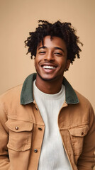 A happy young African American Gen Z guy stands confidently on a beige background, showcasing his stylish fashion sense. With cool curly hair and a cheerful smile, this hipster teen embodies the fun a