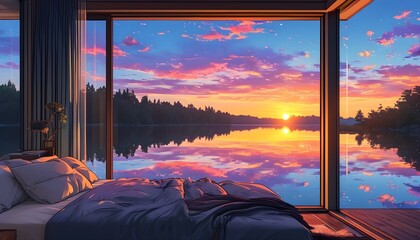 Wall Mural - Serene bedroom view overlooking a tranquil lake at sunset, with colorful reflections in the water, perfect for relaxation and lofi anime vibes.