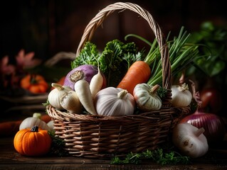 Harvested vegetables in a rustic basket, fresh and abundant, Botanical, Earth tones, Photograph, Garden bounty