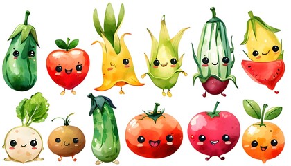 Wall Mural - Charming Watercolor Vector Collection of Playful Fruits and Vegetables