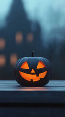 Canvas Print - Smiling jack-o-lantern on a wooden table with a spooky house in the background.