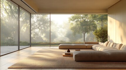 Poster - Minimalist living room with large windows overlooking a garden.