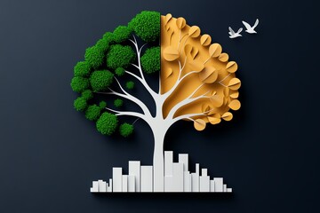 Poster - Minimalist tree and city icon, representing the balance between nature and urban development, with clean, modern lines