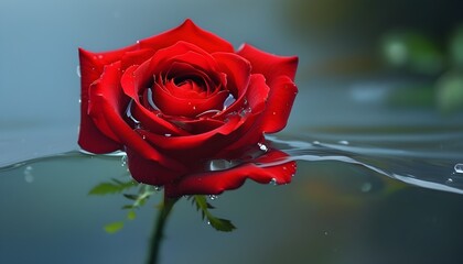 Wall Mural - Elegant red rose floating gently in serene water