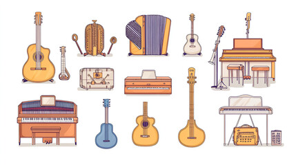 A collection of musical instrument icons in a simple line art illustration is displayed The icons include guitar, piano, accordion, guitars, pianos