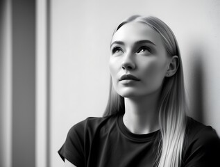 B&W minimalist elegance with a blonde caucasian female model. Woman poses in a sleek and modern setting, dressed in monochrome separates, clean lines, embodying timeless sophistication and simplicity 