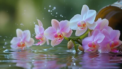 Wall Mural - beautiful orchid flower gracefully floating in tranquil water