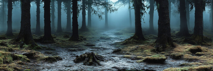 Sticker - A misty forest path with tall trees on either side.