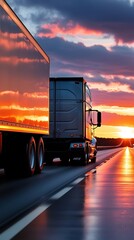 Back closeup view of a delivery truck driving on a road with morning sunrise light and cityscape in background (23)