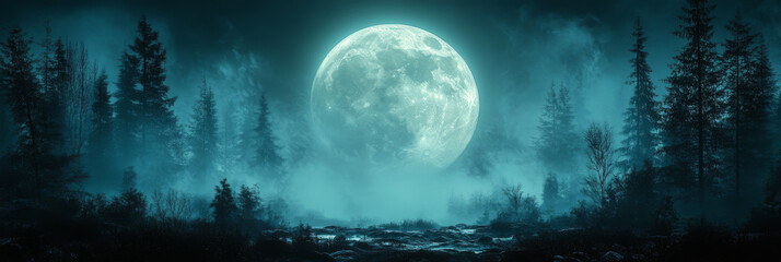 Sticker - A full moon illuminates a misty forest at night.