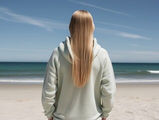 Back of hip blond tan woman wearing white thick oversized hoodie on the beach vertical view (14)