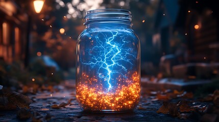 Wall Mural - A glass jar filled with blue lightning and orange sparks sits on a cobblestone path.