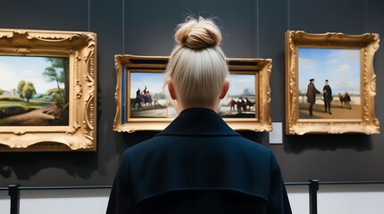 Back portrait of an adult woman looking at museum paintings in an old museum art gallery (13)