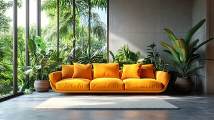 Poster - Modern living room with orange couch and tropical plants in front of large windows