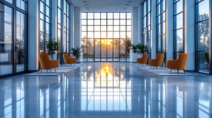 Wall Mural - Modern office lobby interior with large windows, orange chairs, and shiny floor. Sunrise view.