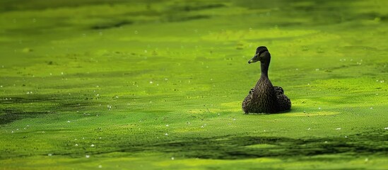 Wall Mural - Duck Into The Overgrown Green Duckweed Pond