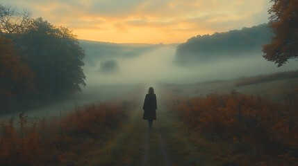 Woman walks towards a misty sunrise in a rural landscape.