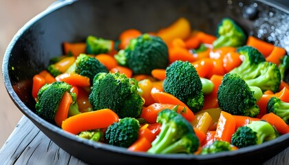 Wall Mural - vibrant vegetable stir fry featuring fresh broccoli, crisp carrots, and colorful bell peppers cooked in a traditional wok