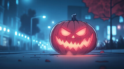 Canvas Print - A glowing jack-o'-lantern sits on a city street at night.