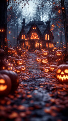 Sticker - Spooky Halloween path lined with jack-o'-lanterns leading to a mysterious cottage.