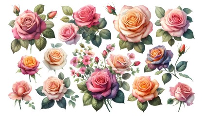 . watercolor botanical illustration, set of bohemian style arrangements, bouquets of red and white roses and p