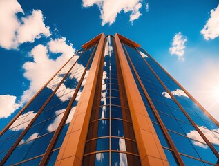 Bottom-up view of highrise glazed building with many glass with blue sky reflection background image (20)