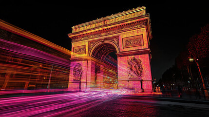 long exposure with motion blur light trail of Arc de Triomphe at night