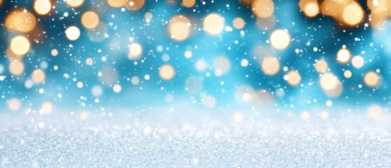 Poster - Soft blue and golden bokeh with snowflakes gently falling on a glittery surface. A magical winter wonderland scene.