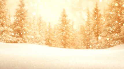 A glittery gold Christmas tree with a golden star stands in a snowy field, illuminated by a warm, soft glow from blurred lights in the background.