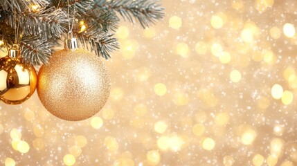 Poster - Golden Christmas ornament hanging from a frosted pine branch. Warm lights in the background create a soft bokeh effect