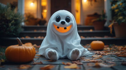 Sticker - A friendly ghost sits on a porch with pumpkins for Halloween.