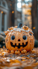 Wall Mural - Smiling pumpkin with large eyes in autumn leaves.