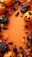 Wall Mural - Halloween pumpkins and bats on an orange background.