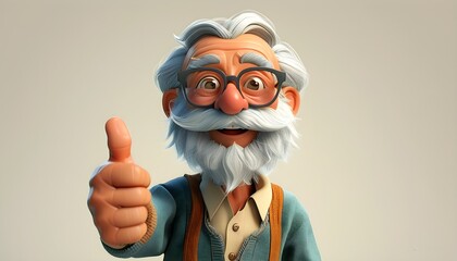 Wall Mural - Joyful 3D Cartoon Elderly Man Giving Thumbs Up, Happy Senior Grandfather Character Celebrating Positivity in Bright Light Setting