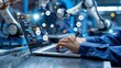 © Ekkarat_Studio - Hand using laptop with AI artificial intelligence symbols in industrial setting.