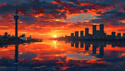 Wall Mural - Vibrant Anime Sunset Over Cityscape with Tower and Reflective Water, Dramatic Sky in Red and Orange, Evoking Themes of Tranquility and Urban Beauty