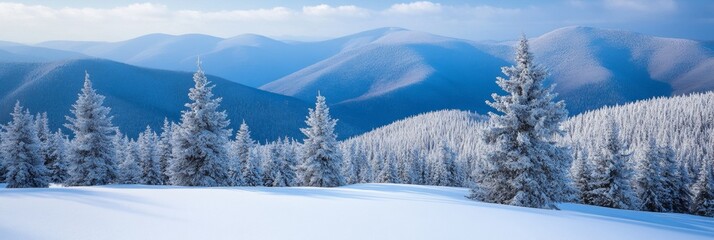 Poster - Snow-covered evergreen tree stands in a serene winter landscape. A clear, light sky contrasts with the white ground and distant trees.