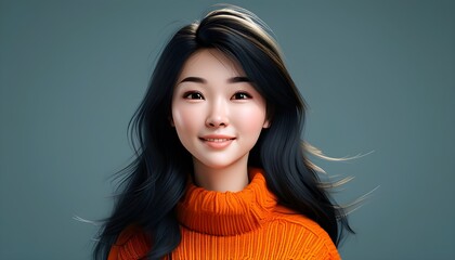 Wall Mural - Joyful 3D Cartoon Character of Young Asian Woman in Orange Sweater with Long Black Hair Celebrating Positive Emotions and Human Expression